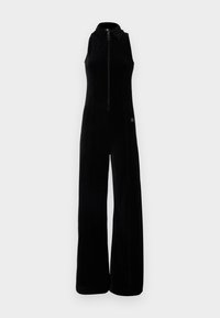 Black jumpsuit with a zip front, sleeveless design, high collar, and wide legs. Soft, textured fabric with subtle stitching details.