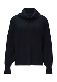 Sweter dziany w ciemnym granacie z golfem, opadającymi ramionami i prążkowanymi mankietami. Kwadratowy kształt z fakturowaną powierzchnią.