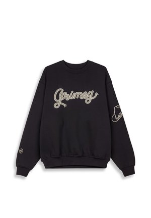 Black sweatshirt made of cotton blend featuring "Grimey" in cream script, ribbed cuffs, and elastic waistband, with a logo on the sleeve.