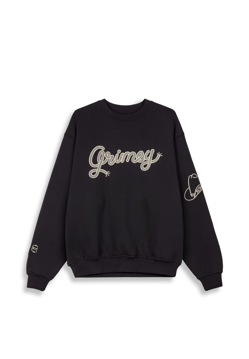 Sudadera negra de mezcla de algodón con la palabra "Grimey" en un script crema, puños acanalados y cinturilla elástica, con un logo en la manga.