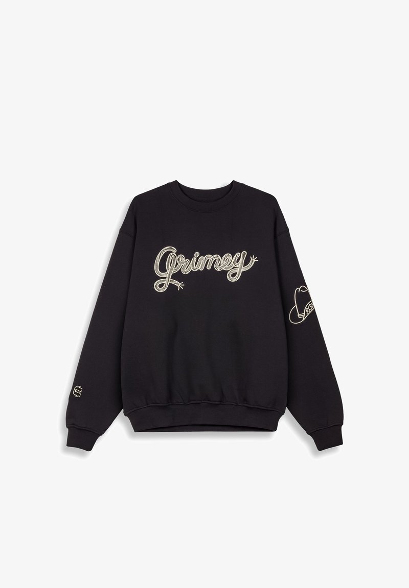 Sudadera negra de mezcla de algodón con la palabra "Grimey" en un script crema, puños acanalados y cinturilla elástica, con un logo en la manga.
