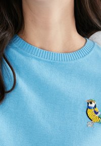 Pull léger bleu avec un col côtelé. Présente un motif d'oiseau brodé en jaune, bleu et vert sur la poitrine. Texture douce.
