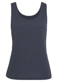 Marineblaue Tanktop mit strukturiertem Muster, ausgestattet mit rundem Ausschnitt und breiten Schulterträgern. Hergestellt aus leichtem, atmungsaktivem Material.