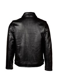 Schwarze Lederjacke mit flachem Kragen, glatter Textur und tailliertem Design mit seitlichen Gürtelakzenten. Rückansicht dargestellt.
