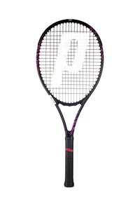 Black tennis racket with a pink accent. Oval head shape, grid strings, and textured black grip. Notable logo in the center of the strings.