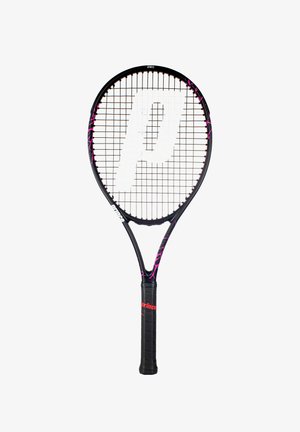 Schwarze Tennisschläger mit pinkem Akzent. Ovaler Kopf, gitterartige Saiten und strukturierter schwarzer Griff. Auffälliges Logo in der Mitte der Saiten.