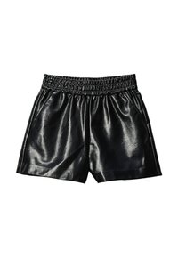 Shorts noirs en similicuir avec une ceinture élastique, dotés d'une texture lisse et de poches latérales, conçus pour une coupe décontractée.