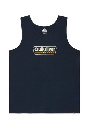 Camiseta sin mangas azul marino con el logo de "Quiksilver" y diseño de tablero de ajedrez amarillo en el pecho, de talla mediana y corte regular.
