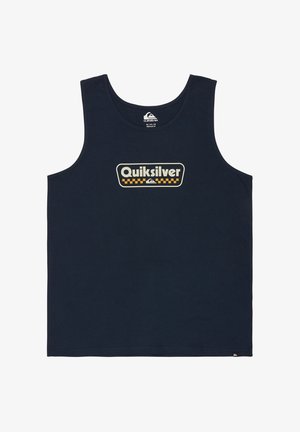 Camiseta sin mangas azul marino con el logo de "Quiksilver" y diseño de tablero de ajedrez amarillo en el pecho, de talla mediana y corte regular.