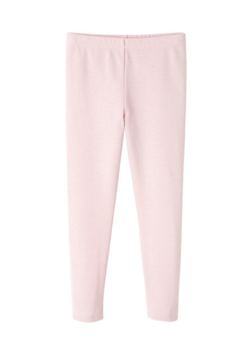 Leggings de color rosa claro, hechos de un tejido suave y elástico. Presentan un color sólido con una textura lisa y una cómoda cinturilla elástica.