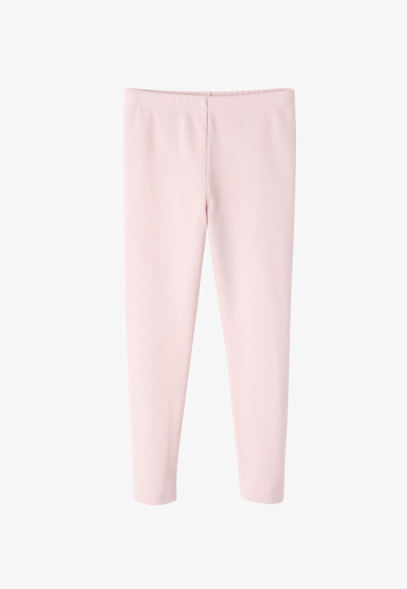 Leggings de color rosa claro, hechos de un tejido suave y elástico. Presentan un color sólido con una textura lisa y una cómoda cinturilla elástica.