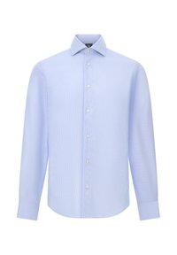 Svetlomodrá košeľa s dlhým rukávom a špicatým golierom, s vertikálnym prúžkovaným vzorom a bielymi gombíkmi. Kombinácia bavlny, hladká textúra.