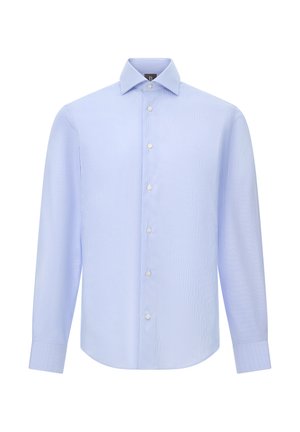 Helesinine pikkade varrukatega särk teravate kraede, vertikaalse triibuline mustriga ja valgete nuppudega. Puuvilla segu kangas, siledat tekstuuri.