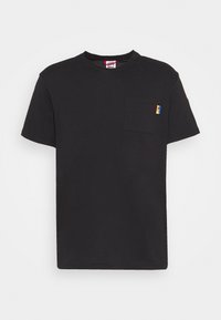 Black cotton t-shirt with a round neckline, short sleeves, and a chest pocket featuring a multicolored brand logo tag.