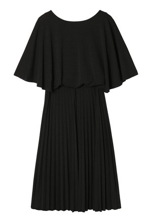 Črna obleka s plisejskim dizajnom, kratkimi odprtimi rokavi in zaobljenim izrezom. Narejena iz teksturirane tkanine, ki subtilno odraža svetlobo.