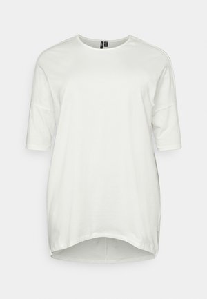 White, short-sleeved t-shirt with a rounded neckline and high-low hem. Made of soft material with a smooth texture and no visible patterns.