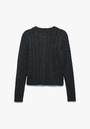 Dark gray cable-knit sweater with long sleeves and ribbed cuffs, hem, and neckline, shown from the back on a white background.
