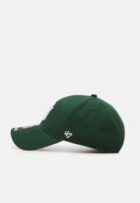 Green baseball cap featuring a curved brim, embroidered white logo on the front, and a small white brand tag on the side. Soft fabric texture.