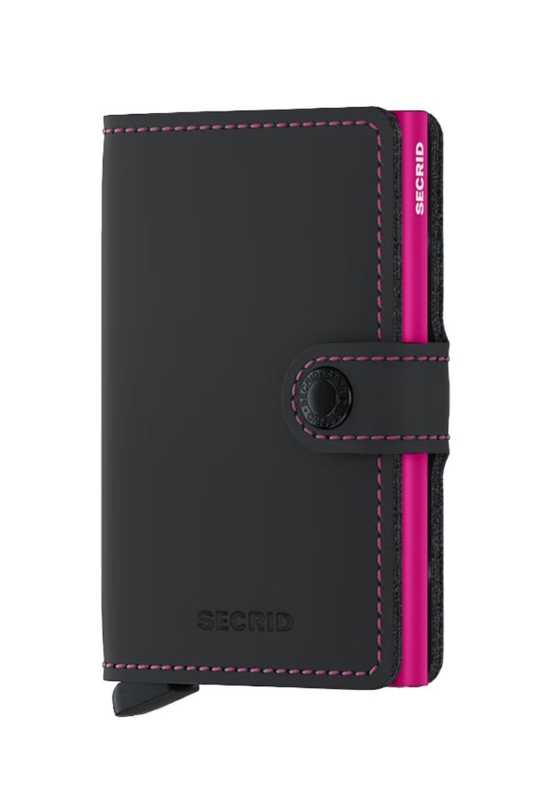 Black leather wallet with pink stitching, featuring a magnetic clasp and contrasting pink and black card slots on the side. SECRID branding visible.