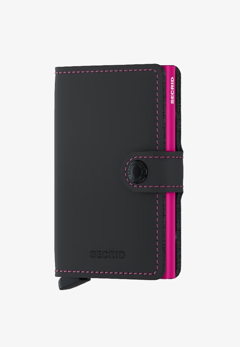 Black leather wallet with pink stitching, featuring a magnetic clasp and contrasting pink and black card slots on the side. SECRID branding visible.