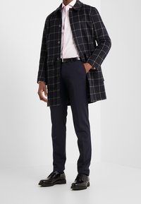 Cappotto a quadri blu con dettagli neri su una camicia rosa chiaro. Pantaloni scuri e scarpe nere lucide completano l'outfit.