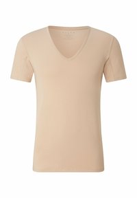 Beige short-sleeve V-neck T-shirt made of soft, smooth fabric. Features minimal stitching details and a classic fit.