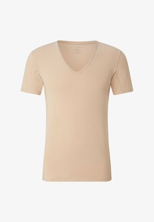 Maglietta V-neck a maniche corte beige realizzata in tessuto morbido e liscio. Presenta dettagli di cucitura minimali e una vestibilità classica.