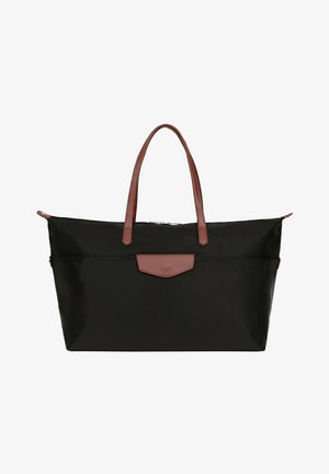 Czarna nylonowa torba tote z brązowymi skórzanymi uchwytami i akcentem. Posiada zamek błyskawiczny oraz przednią kieszeń z skórzaną klapą. Gładka tekstura.