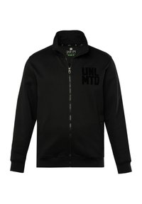 Sort zip-up jakke lavet af tekstureret stof. Har en høj krave, sidelommer og et frontlogo "UNLMTD" i mat sort.