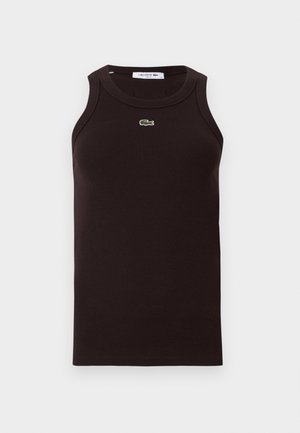 Czarny, prążkowany top bez rękawów z okrągłym dekoltem, z małym zielonym logo krokodyla Lacoste na piersi.