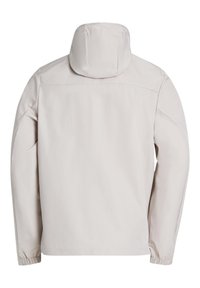 Beige hættetrøje med lange ærmer, elastiske ærmekanter og en ensfarvet ryg, vist mod en hvid baggrund.