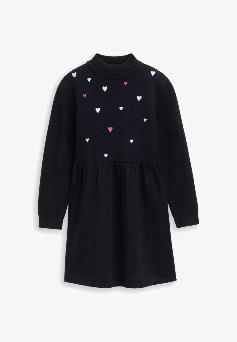 Robe noire en maille à manches longues avec un col montant côtelé et de petits motifs de cœurs roses et blancs sur le haut devant.