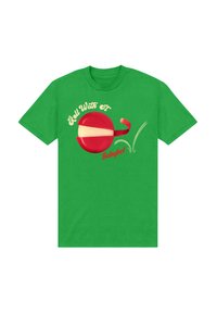 Zelené bavlněné tričko s grafikou červeného sýrového kola se žlutou částí a textem "Roll With It" a "Babybel".