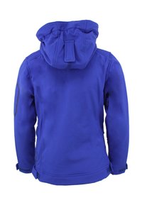 Veste à capuche bleue en tissu lisse et texturé. Présente une capuche cintrée, des poches zippées et des poignets élastiques.