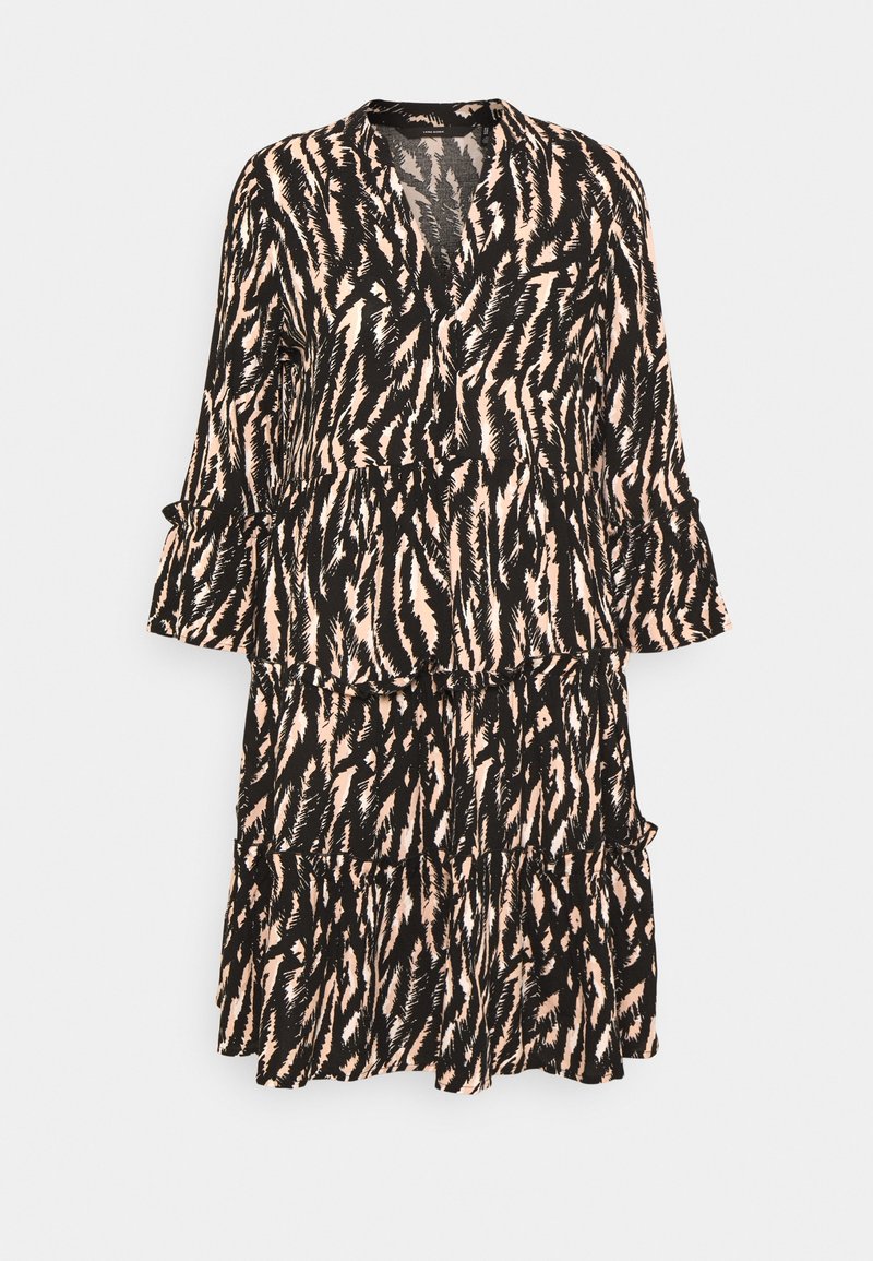 Robe à manches longues à étages avec poignets à volants et motif animalier abstrait beige et noir, encolure en V et coupe ample.
