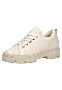 Weiße Lackleder-Sneaker mit einem strukturierten, flauschigen Innenfutter, runder Zehenpartie und dicker, profilierten Sohle. Verfügt über fünf Ösen und flache Schnürsenkel.