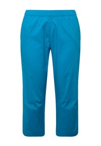 Teal, broek tot halverwege het kuit gemaakt van een gladde, lichte stof met een elastische tailleband en een recht gesneden ontwerp. Geen zichtbare zakken.