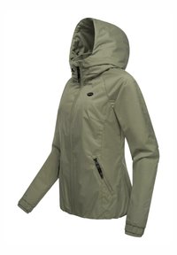 Olive green waterproof jacket with a hood, zippered front, elastic cuffs, and side pockets. Smooth texture and streamlined design.