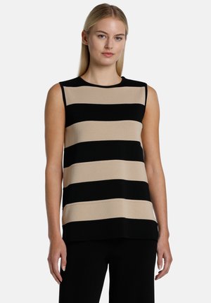 Débardeur sans manches avec des rayures horizontales alternées noires et beiges. Fabriqué en tissu texturé, il présente un col rond et une coupe décontractée.