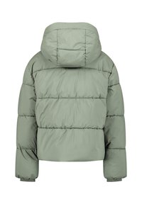 Pufferjack in zacht groen met een afneembare capuchon, voorzien van een doorgestikt design, elastische manchetten en een cropped snit. Zachte, glanzende textuur.