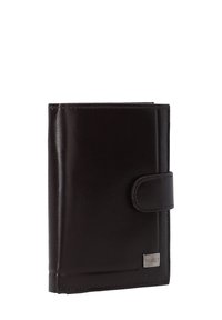 Donkerbruin leren portemonnee met een soepele textuur, vouwontwerp en een drukknoopsluiting. Kenmerkt zich door een klein metallic logo en nette stiksels.