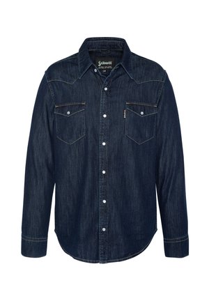 Mørk denimskjorte med knaplukning foran, to brystlommer og hvide stikninger. Lange ærmer med knapmanchetter.