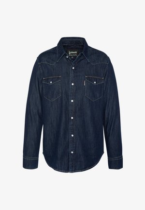 Dunkelblaue Jeanshemd mit durchgehender Knopfleiste, zwei Brusttaschen und weißen Nähten. Lange Ärmel mit Knopfmanschetten.