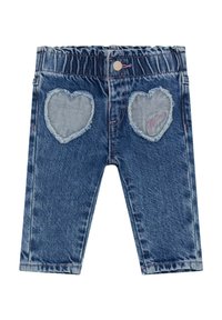 Denimhosen mit blauem Waschung, ausgestattet mit zwei herzförmigen Aufsetztaschen und leichter Abnutzung. Elastischer Bund mit einer vorderen Knopfschließe.