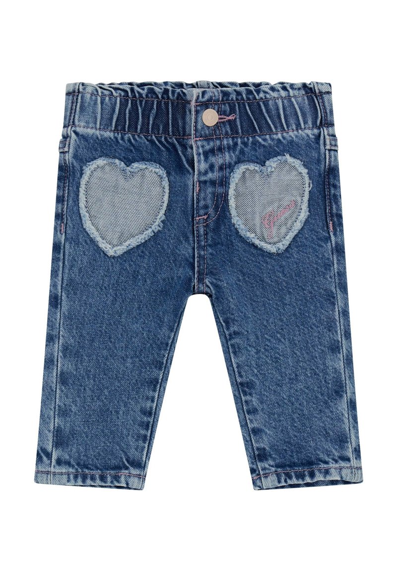 Denimhosen mit blauem Waschung, ausgestattet mit zwei herzförmigen Aufsetztaschen und leichter Abnutzung. Elastischer Bund mit einer vorderen Knopfschließe.