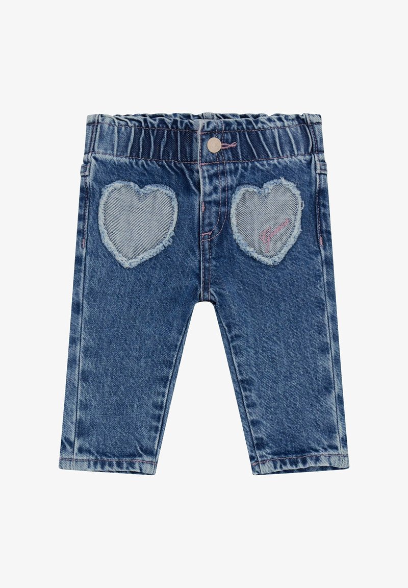 Pantalones de mezclilla con un lavado azul, que cuentan con dos bolsillos en forma de corazón y un ligero desgaste. Cintura elástica con cierre de botón en la parte delantera.