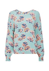 Maglione teal chiaro a maniche lunghe, con un motivo floreale in rosa, blu e beige. Polsini e scollatura a coste. Texture morbida.