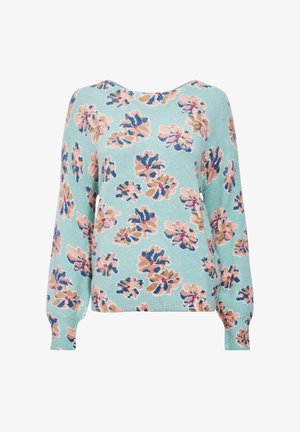 Helles kieselblaues Sweatshirt mit langen Ärmeln, das ein florales Muster in Pink, Blau und Beige aufweist. Gerippte Bündchen und Halsauschnitt. Weiches Material.