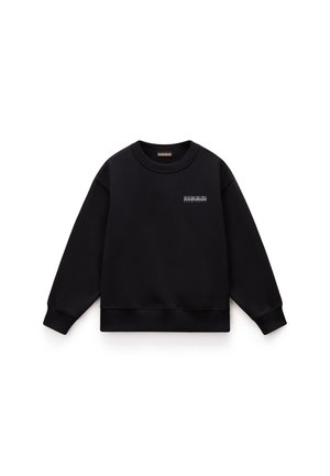 Sudadera negra con cuello redondo, mangas largas y puños acanalados. Presenta un pequeño y sutil logo en el área del pecho izquierdo. Textura suave.