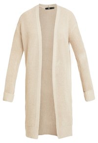 Beżowy sweter robiony na drutach z otwartym przodem, długimi rękawami, prążkowanymi mankietami i dołem. Materiał ma teksturowany wzór na całej powierzchni.